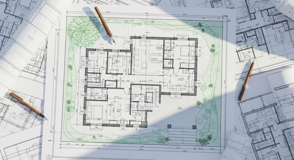 Engineered House Plans Top Down - Ranch Style Homes USA Architectural blueprints of a house layout with green landscaping elements, surrounded by rolled papers and pencils.
