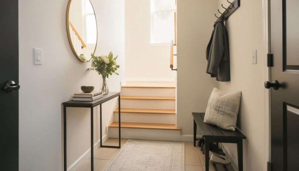 The image showcases a stylish entryway in a raised ranch home, featuring a cozy foyer with a welcoming atmosphere. The design includes a clear path for guests, bright lighting, and decorative elements like hooks for coats and a small table for shoes, all contributing to a functional yet inviting first impression.