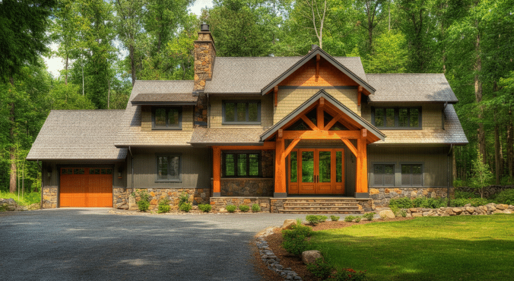 The image depicts a charming craftsman style cabin, showcasing wide eaves, exposed rafter tails, and a blend of natural materials like wood and stone that harmonize with the surrounding landscape. Large windows and heavy timber beams create an inviting and spacious interior, while a prominent stone fireplace adds warmth and character to the exterior.