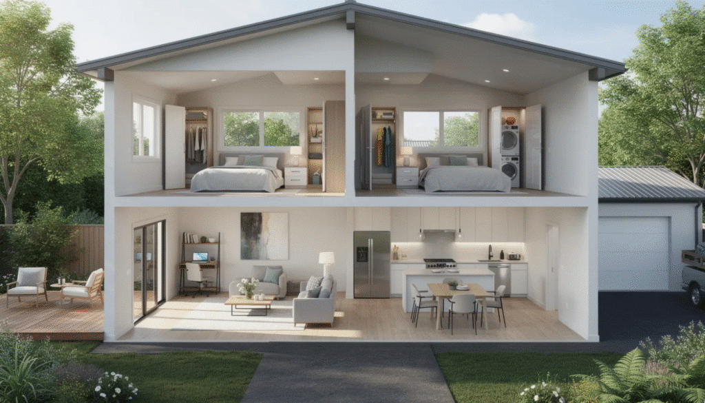 The image depicts a modern duplex house plan featuring a roommate style upstairs layout, showcasing private bedrooms with en-suite bathrooms, ample natural light, and varied ceiling heights. The design emphasizes an open-concept living area on the main floor, complete with a spacious dining area and a well-equipped kitchen, making it ideal for shared living while maintaining personal space.