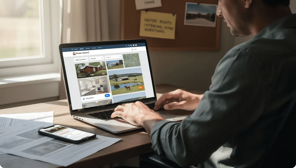 The image depicts a serene Colorado ranch home nestled in a picturesque landscape, showcasing abundant wildlife and recreational trails. The high-fidelity photograph captures the essence of rural living, featuring a modern kitchen and expansive land perfect for family activities and relaxation, with the majestic Rocky Mountain National Park in the background.