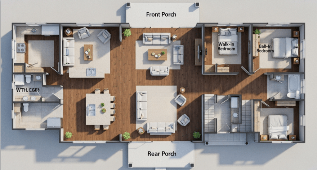 The image depicts a detailed floor plan for a 30x50 barndominium, showcasing an open concept living area that includes a kitchen, family room, and two bedrooms, along with designated spaces for laundry and bathrooms. The layout emphasizes functionality with features like front and rear porches, walk-in closets, and ample storage, creating a welcoming and efficient living space.
