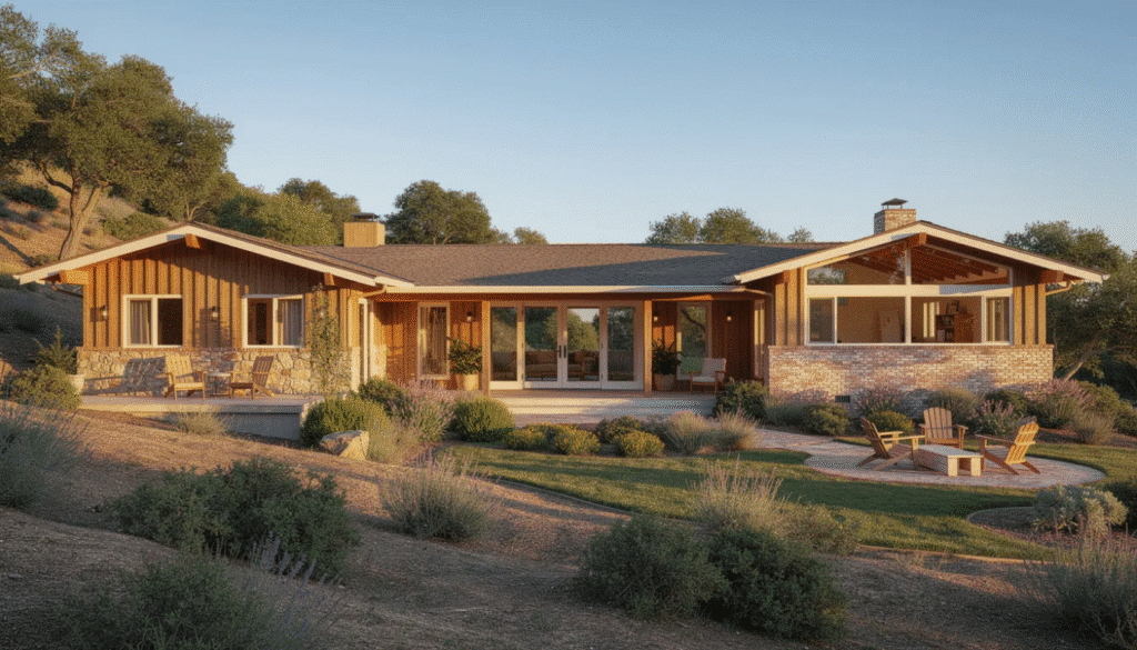 The image depicts a California ranch style home featuring a low profile with wide eaves, large windows, and a U-shaped design that creates a private courtyard. The exterior is made of natural materials like wood and stone, seamlessly blending the house into its surroundings while emphasizing indoor-outdoor living with spacious porches and sliding glass doors.