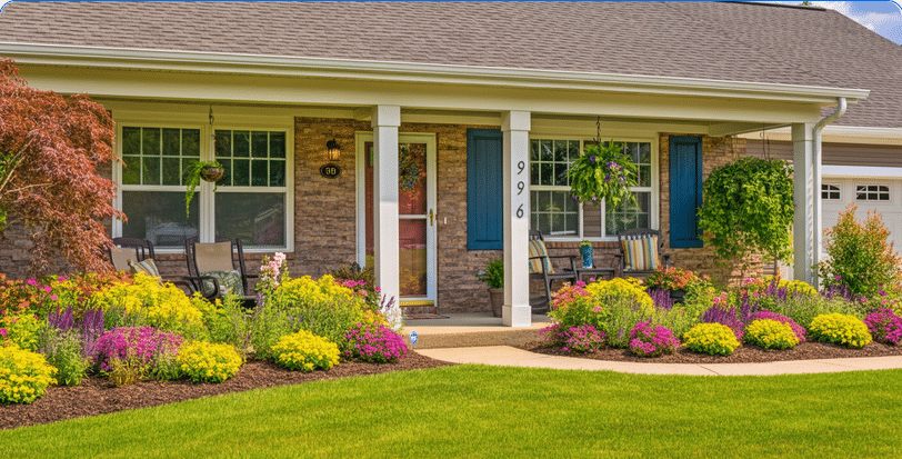 The image showcases a beautifully landscaped front yard of a ranch style house, featuring vibrant flower beds filled with a mix of perennials and annuals that add color and texture. A welcoming front porch with comfortable seating complements the overall design, enhancing the curb appeal and inviting atmosphere of the outdoor space.