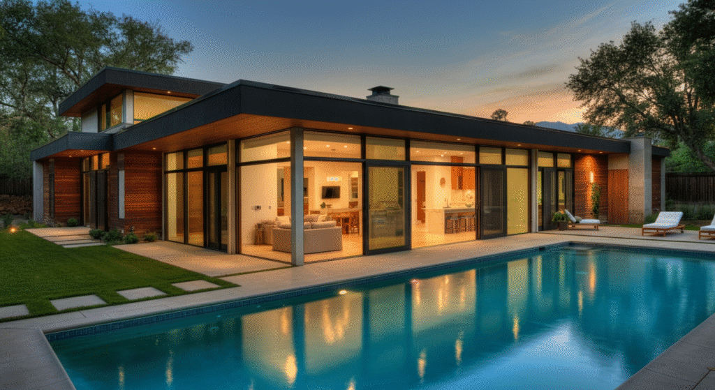 Photograph of a luxurious modern home with a swimming pool at dusk, showcasing architectural elegance, warm interior lighting, and a serene outdoor living space.