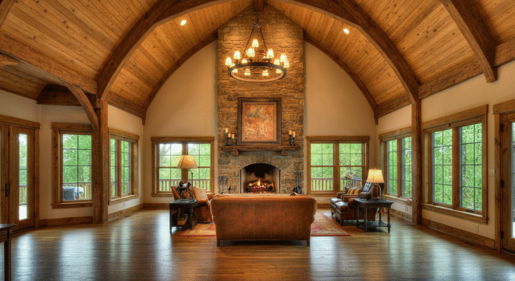 The image features a spacious great room in a stone ranch home, showcasing a vaulted ceiling and a large stone fireplace that serves as the focal point. Large windows allow natural light to flood the space, enhancing the inviting atmosphere perfect for entertaining family and guests.