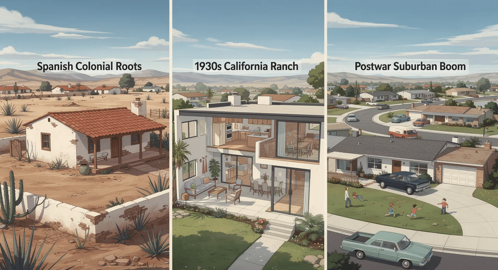 The image depicts a modern ranch-style home characterized by its single-story design, spacious open floor plans, and large windows that invite natural light. This typical ranch house, often found in suburban areas, features a low-slung silhouette with wide eaves, embodying the charm and simplicity that made it popular in post-World War II America.