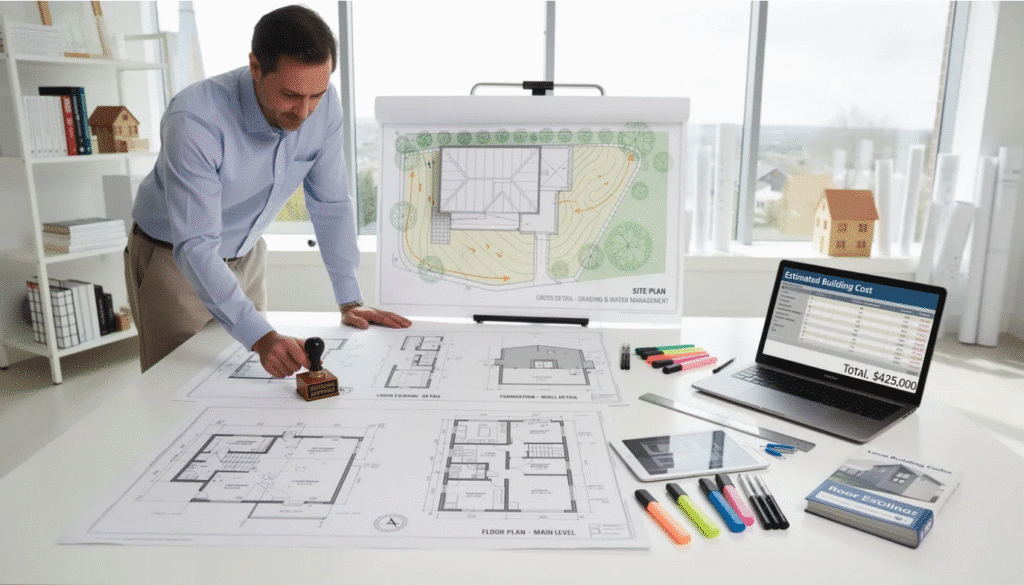 Home Design and Planning - Ranch Style Homes USA The image depicts a detailed architectural layout featuring engineered house plans for sale, showcasing various floor plans, cross sections, and building details. This comprehensive design serves as an instructional guide for builders, ensuring that the dream home plan meets local building codes and regulations.