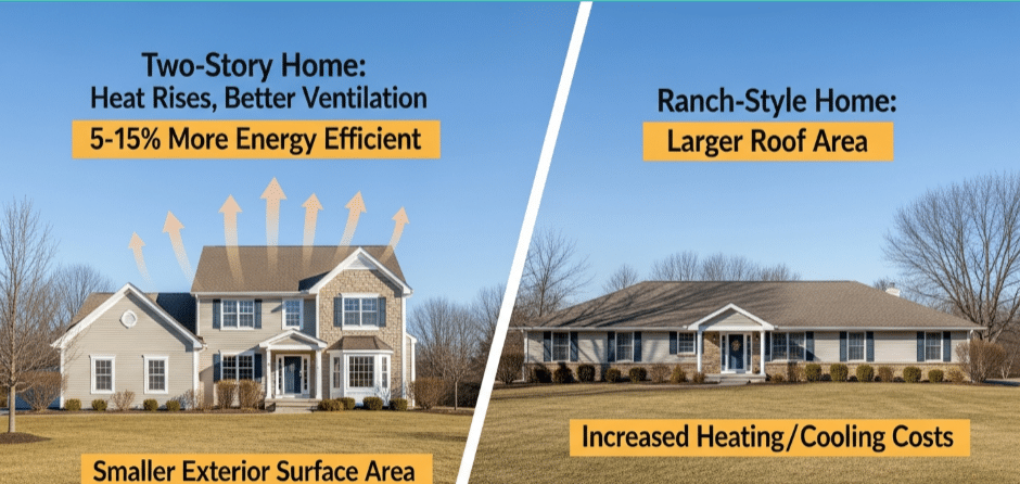 The image illustrates the energy efficiency differences between two-story homes and ranch-style houses, highlighting how heat naturally rises in a two-story design, benefiting winter warmth and summer ventilation. It emphasizes that two-story homes can be 5-15% more energy-efficient due to their smaller exterior surface area compared to ranch homes, which have a larger roof area that can lead to increased heating and cooling costs.