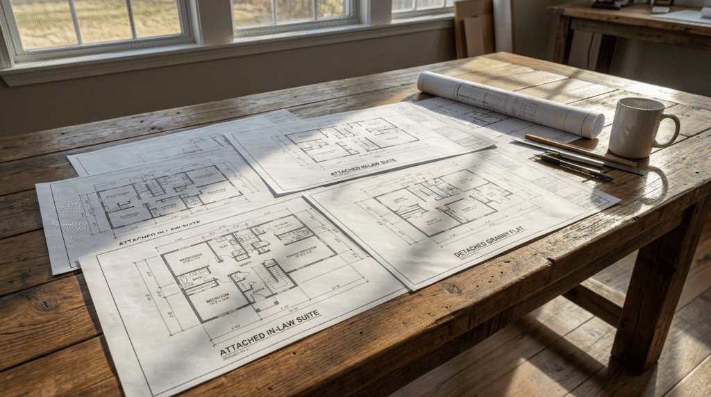 This image showcases various in-law suite house plans, highlighting both attached and detached options, such as granny flats and accessory dwelling units. The designs vary from cozy rooms to spacious layouts, accommodating the needs of aging parents or adult children while offering private baths and separate entrances for added independence.
