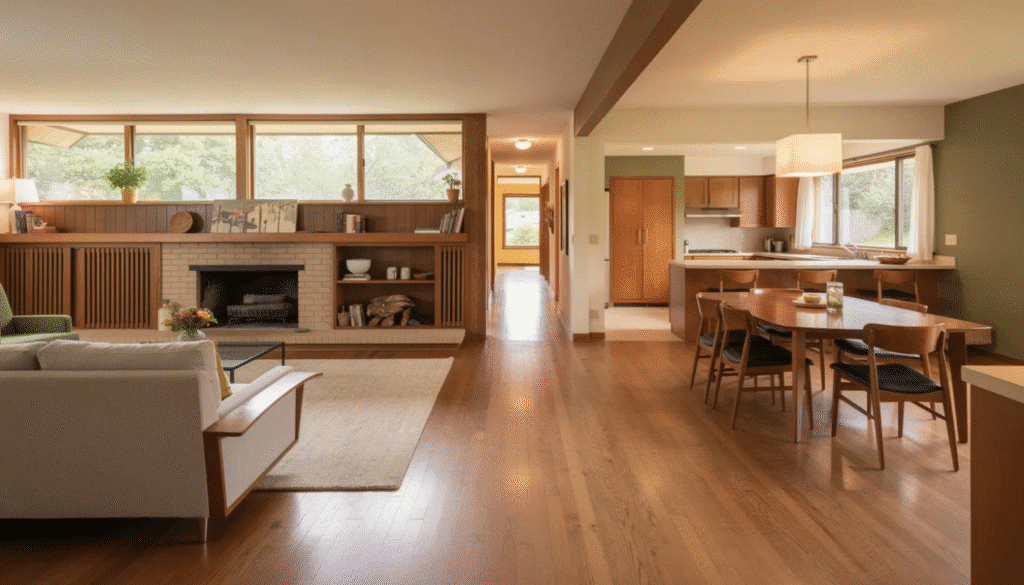 The image depicts the interior of a ranch house, showcasing its open floor plan that reflects post-war social trends. Key rooms such as the living room and dining area are strategically located to enhance functionality, while interior walls create privacy and define distinct spaces within the single-story layout.