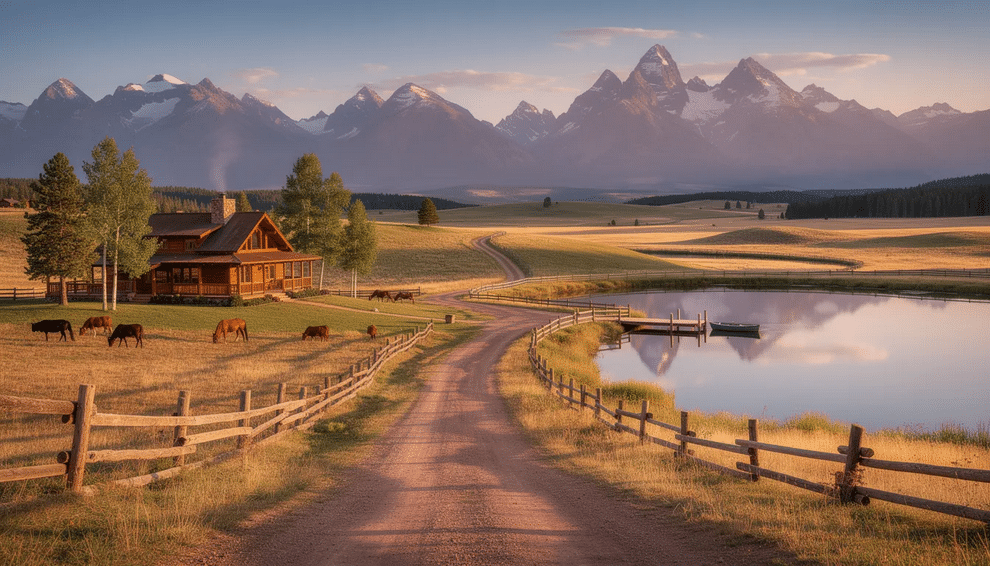 The image showcases a stunning Colorado ranch surrounded by the breathtaking landscape of Rocky Mountain National Park, featuring rolling hills and lush valleys. This picturesque setting highlights the abundant wildlife and scenic trails, offering a glimpse into the serene lifestyle of ranch living in Colorado, where outdoor activities like fishing and hiking are just steps away from your door.