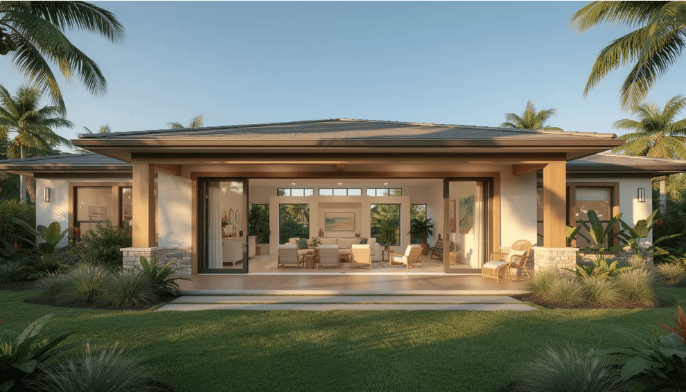 The image showcases a beautifully designed Florida Ranch style home featuring a low, horizontal profile with large sliding glass doors that open to a bright and airy interior. The open floor plan includes a spacious dining room and kitchen, allowing for plenty of natural light to enhance the welcoming atmosphere.