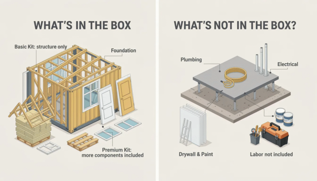 The image depicts a standard kit home package being unloaded from a truck, showcasing the essential materials for building a new home, including framed walls, roof trusses, and siding. It highlights the differences between basic and premium kits, emphasizing the additional components that premium packages offer for a more efficient construction process.