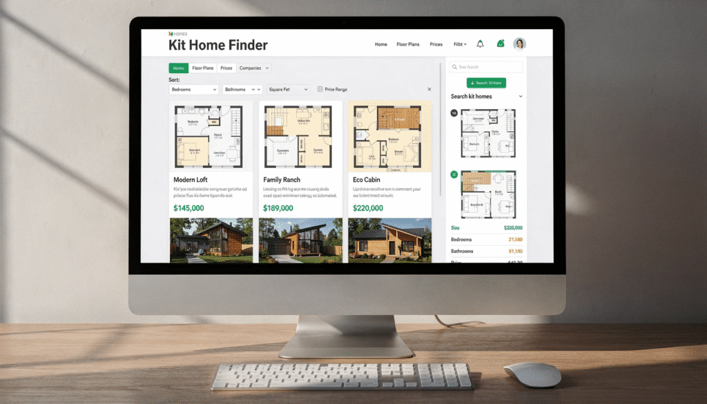 The image depicts a website interface showcasing various kit home options from different companies, highlighting their floor plans and prices. It illustrates the ease of browsing and comparing prefab homes, allowing potential homeowners to explore customizable designs and features from leading kit home companies.
