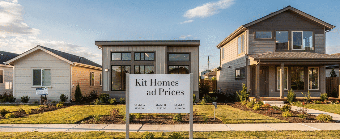 New homes for sale with a sign showing prices for Models A, B, and C in front.