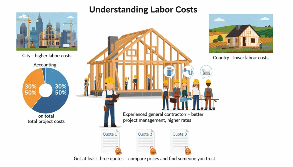 The image depicts a construction site with workers collaborating on a ranch style home, illustrating the significant labor costs which account for 30% to 50% of the total project cost. Various construction materials are visible, emphasizing the importance of cost estimates and the impact of location on overall construction costs.