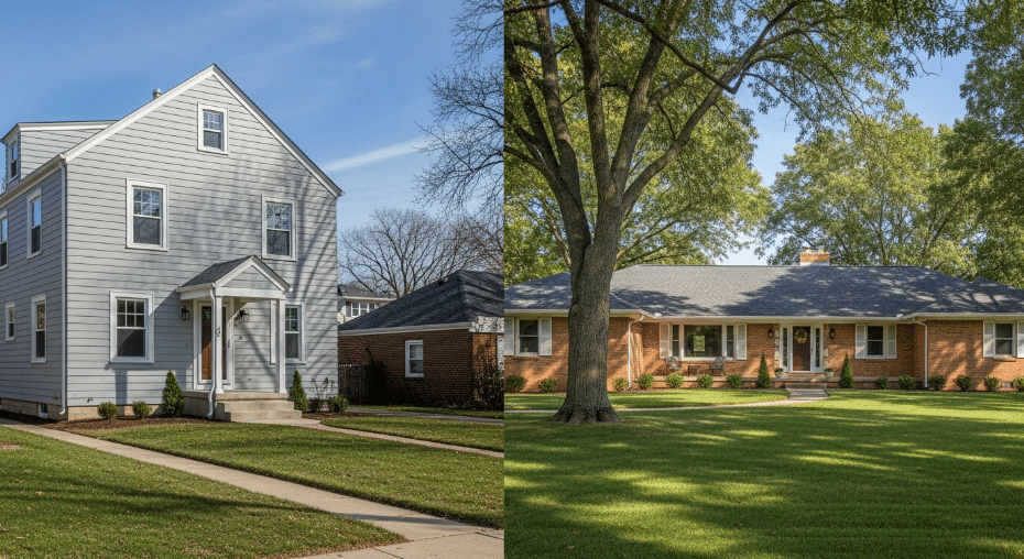 The image illustrates the comparison between a two-story home and a ranch-style house, highlighting their differing land requirements and footprints. A two-story home, with a smaller footprint, is ideal for smaller or more expensive lots, while a ranch home, requiring a larger lot, sprawls out over more space, making it suitable for larger properties.