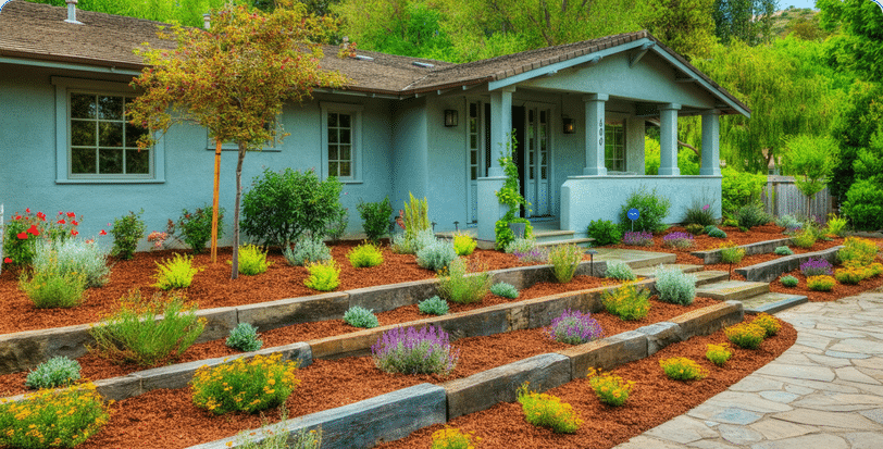 The image depicts a charming ranch-style house surrounded by well-planned landscaping ideas, including a rustic picket fence, tiered flower beds filled with colorful plants, and a flagstone walkway leading to the front door. This inviting outdoor space enhances the curb appeal of the ranch home, showcasing a blend of drought-resistant plants and mulch that adds neatness and reduces maintenance requirements.