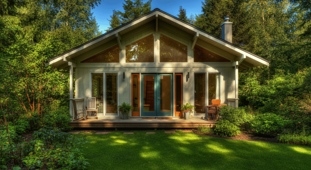 The image showcases a beautifully designed raised bungalow with large windows that allow for abundant natural light, an inviting porch, and an open layout that maximizes square footage. This sustainable home features eco-friendly elements and blends indoor and outdoor living spaces, making it perfect for families who love to connect with nature.