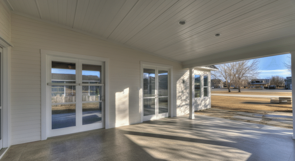 The image showcases a modern ranch style house featuring a single story layout with an open floor plan that seamlessly connects the living room, kitchen, and dining area. Large windows allow for abundant natural light, while a covered porch enhances the outdoor living space, making it an inviting home for families.