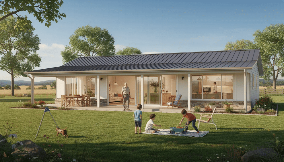 The image showcases a beautiful ranch home, featuring a spacious single-story layout with large picture windows that invite natural light and connect the indoors to the outdoors. This welcoming ranch style house emphasizes accessibility, making it an ideal choice for retirees or those seeking a practical living space without stairs.