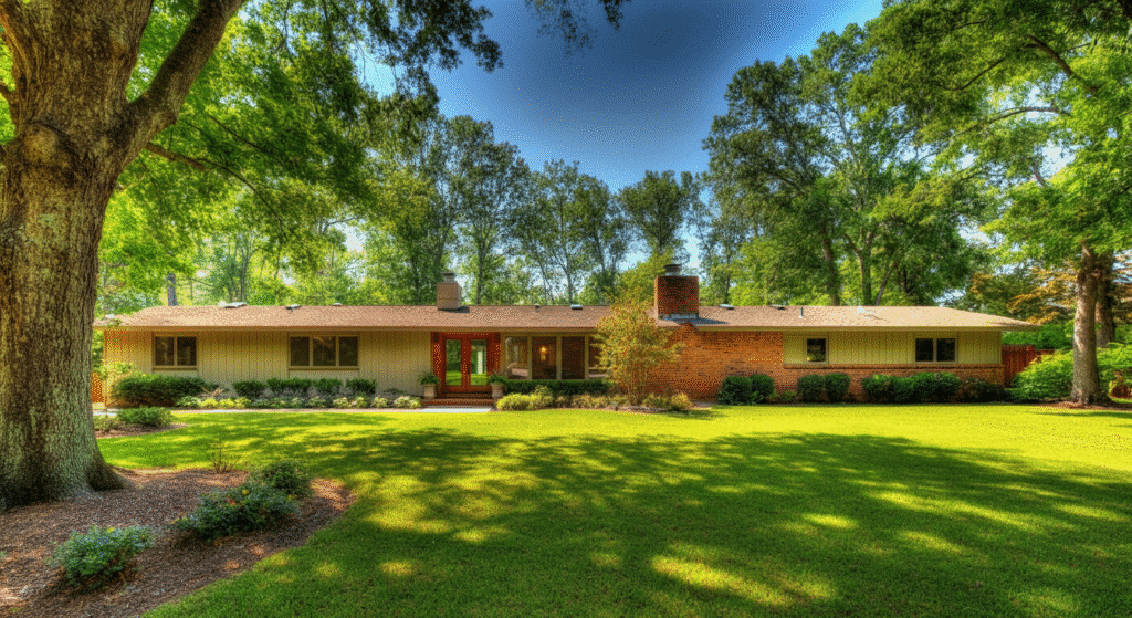 The image features a stunning ranch style home with a low profile and single story layout, showcasing large windows and sliding glass doors that invite natural light and create a seamless connection with the outdoor spaces. The exterior design incorporates brick and wood elements, enhancing its curb appeal while harmonizing with the surrounding landscape.