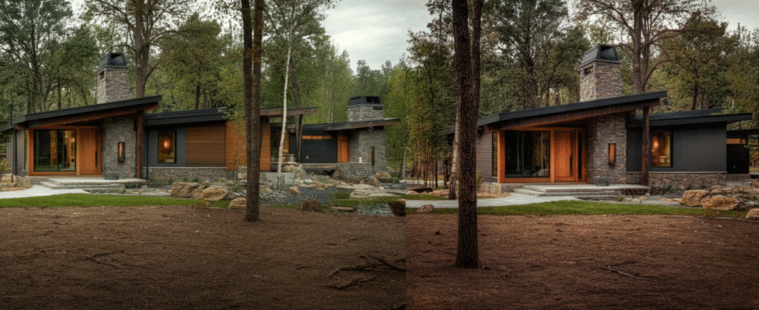 Photograph showcasing two versions of a modern, architecturally designed house nestled within a lush forest, highlighting natural materials and serene integration with nature.