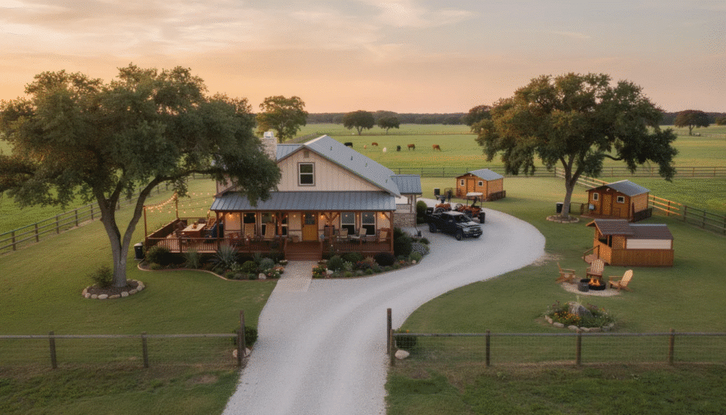 The image depicts a beautifully maintained ranch home in Texas, showcasing a spacious deck perfect for summer cookouts and a well-manicured landscape that enhances the property value. Lush trees line the driveway, creating an inviting entrance that reflects pride of ownership and the potential for agritourism opportunities.