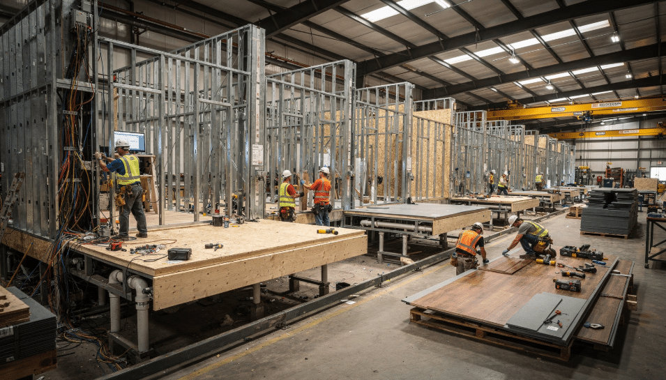 The image depicts the interior of a large warehouse where manufactured duplex homes are being constructed, showcasing an assembly line with workers efficiently handling plumbing, electrical systems, and flooring simultaneously. This offsite construction process highlights the speed and precision of modular and manufactured homes, making them a competitive housing solution amidst the affordable housing crisis.