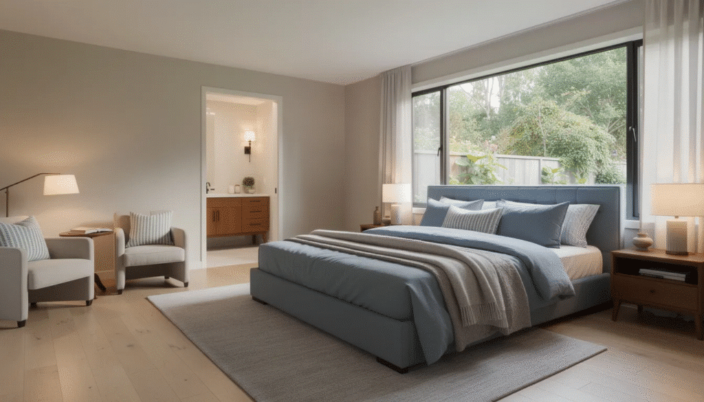 Master Bedroom - Ranch Style Homes USA The image depicts a serene master bedroom in a ranch-style home, featuring soft blue and gray tones, large windows offering a view of the backyard, and a cozy seating area for reading. The space is designed for relaxation, complemented by a spacious walk-in closet and a renovated bathroom with mid-century modern elements, creating a peaceful retreat for homeowners.
