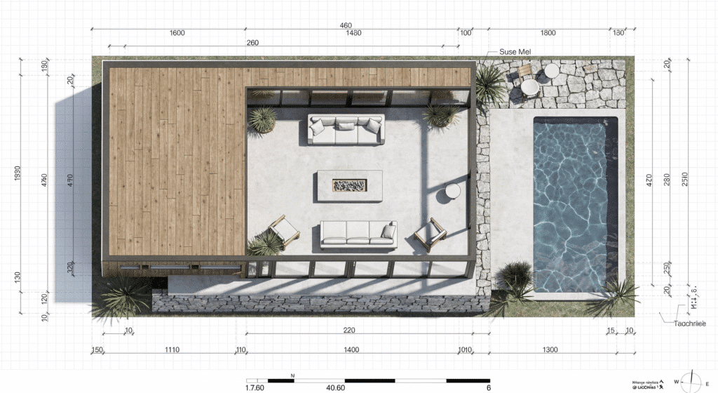 Mid-Century Modern Home Blueprint - Ranch Style Homes USA A sleek mid-century modern home blueprint featuring clean lines, flat roofs, and large floor-to-ceiling windows. The design includes an open-concept living area with minimalist furniture placement, a central fireplace, and a seamless indoor-outdoor connection through sliding glass doors. The exterior showcases a mix of natural wood, stone, and concrete, with a spacious patio and a small pool in the backyard.