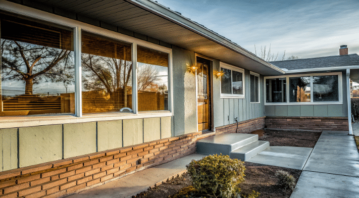 The image depicts a stunning ranch style house with a simple, modern exterior design that enhances its curb appeal. The single-story home features large windows, a welcoming front door, and a well-maintained yard, all contributing to a cohesive look without the distraction of shutters.