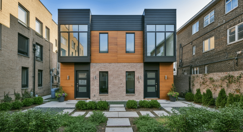  A sleek, modern duplex with clean lines, large windows, and a shared wall. The exterior features a mix of brick and wood accents, surrounded by a small landscaped yard.