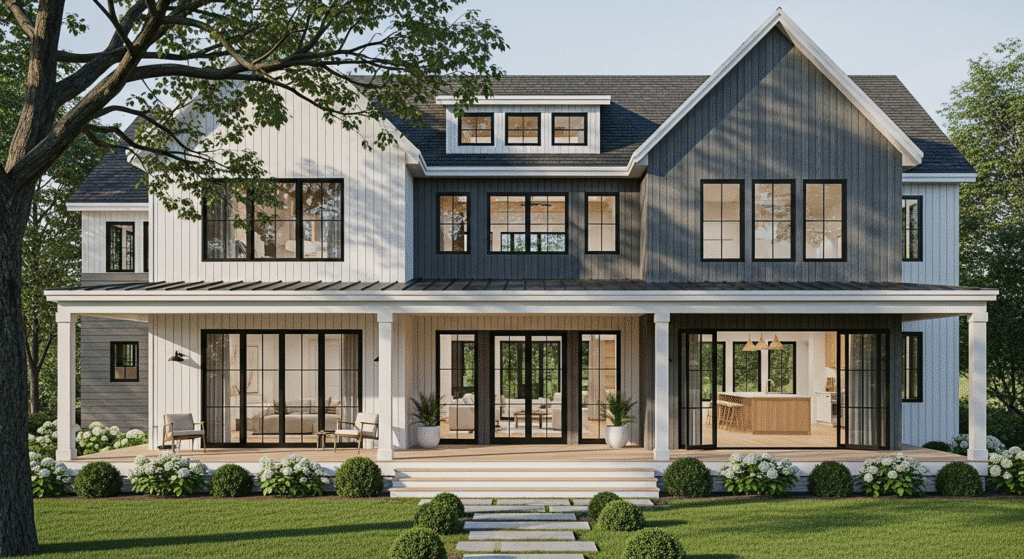 Modern Farmhouse Plans - Ranch Style Homes USA A modern two-story house with a mix of gray and white siding, large windows, and a porch. Neat landscaping includes bushes and a pathway.