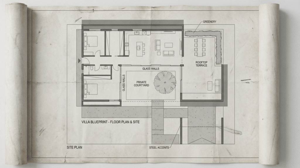 Modern Minimalist Villa Blueprint - Ranch Style Homes USA A modern minimalist villa blueprint with a flat roof, geometric shapes, and a monochromatic color palette. The design includes an open floor plan with a spacious living room, a sleek kitchen, and large glass walls that open to a private courtyard. The exterior features smooth concrete, black steel accents, and a rooftop terrace with greenery.