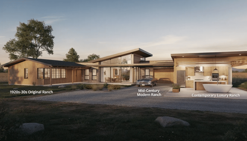 The image depicts a modern ranch style home featuring a low-profile design with large windows that invite natural light, creating a seamless connection between indoor and outdoor living spaces. The home's exterior showcases clean lines and contemporary finishes, embodying the sophisticated simplicity and aesthetic appeal of luxury modern ranch homes.