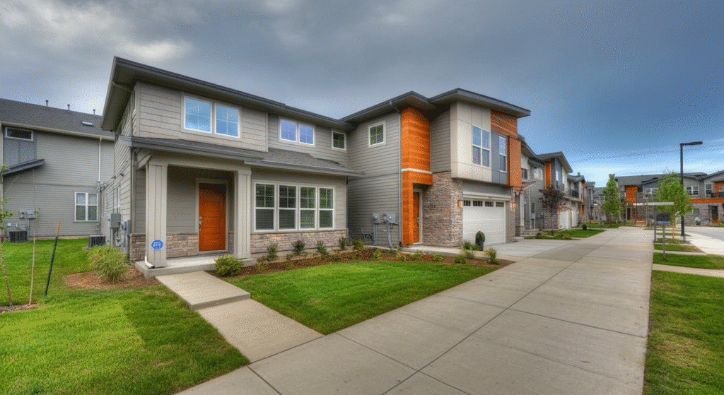 The image depicts a modern ranch townhome, showcasing its single-story design that promotes easy access and convenience. The exterior features a blend of contemporary materials, and the surrounding community includes shared amenities like parks, enhancing the lifestyle for residents.