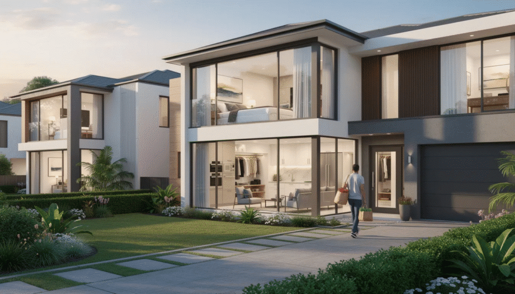 The image showcases a modern ranch villa featuring spacious, open floor plans and stylish walk-in closets for ample storage. Highlighted are the private entrance garages and stainless steel appliances, emphasizing the convenient lifestyle and all the amenities offered for residents.