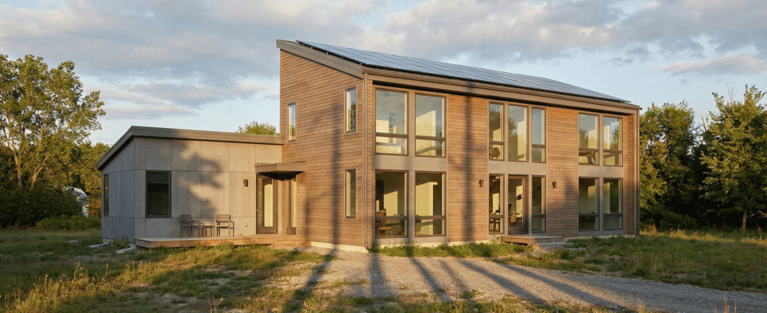 A modern two-story house with large windows, solar panels, surrounded by green grass.