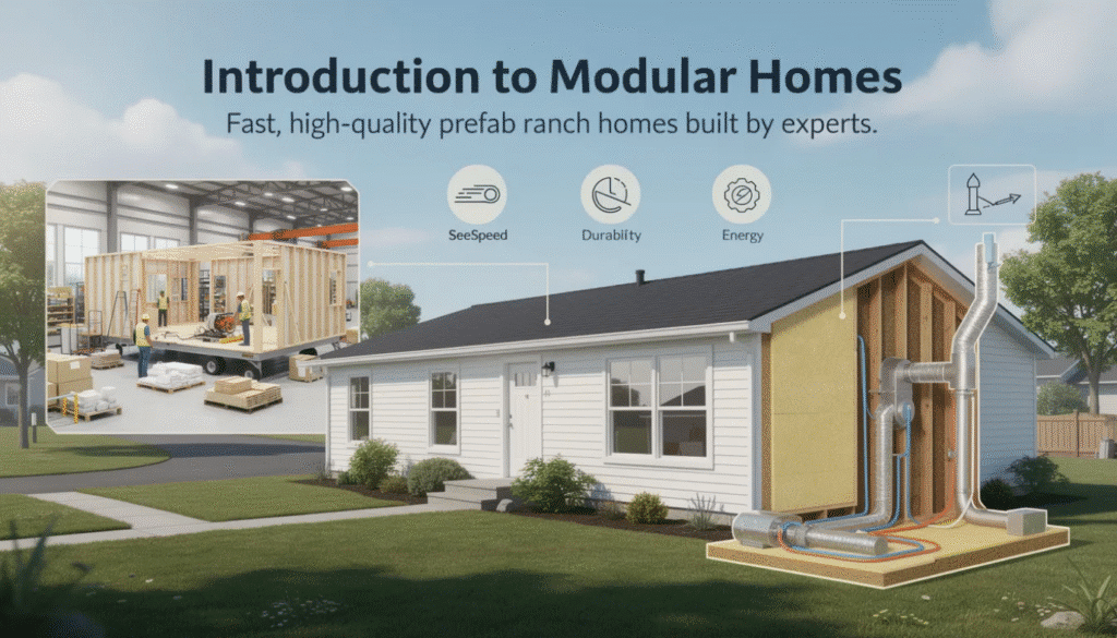 The image showcases a modern ranch style modular home, highlighting its efficient single-story design and quality materials. The exterior features a contemporary aesthetic, while the interior boasts an open floor plan that maximizes living space, making it an ideal choice for families seeking a new home.