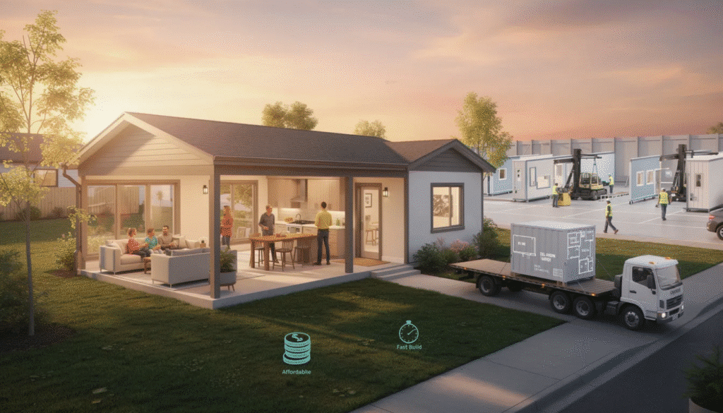 The image showcases a modern modular ranch home featuring an open floor plan that emphasizes spaciousness and connectivity, making it ideal for family living and entertaining. With various customizable floor plans, this ranch style home exemplifies efficiency and affordability in construction, allowing homeowners to create their dream living space quickly and easily.