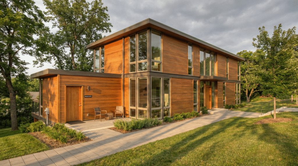 The image depicts a modern modular home designed for multi-generational living, featuring a spacious mother-in-law suite complete with a private bath and separate entrance. This layout allows families, including aging parents and adult children, to enjoy their own space while living under one roof, highlighting the benefits of customizable house plans for shared households.