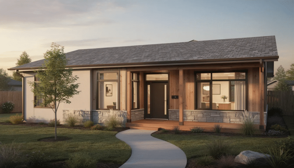 The image showcases a beautifully designed modular ranch home, emphasizing quality materials and durability, with a modern exterior and an open floor plan that creates a comfortable living space. The home features energy-efficient windows and a sustainable design, highlighting its commitment to longevity and a healthier environment for families.