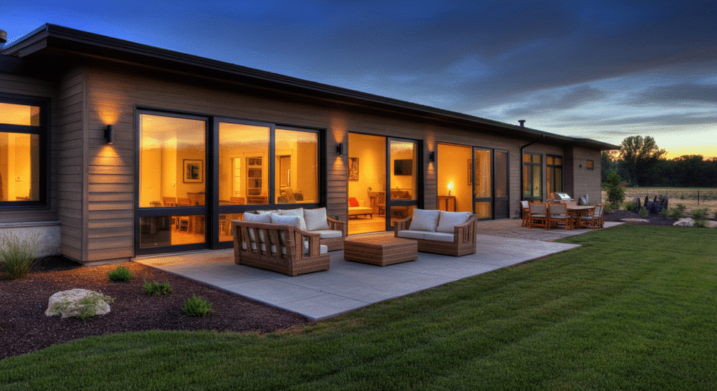 The image showcases a modern ranch home featuring seamless indoor and outdoor living spaces, highlighted by large windows and sliding glass doors that open up to an inviting patio. The outdoor area is designed for entertainment, complete with comfortable seating and natural materials, blending beautifully with the surrounding landscape.
