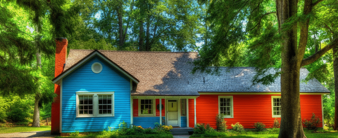 Photograph of a charming, vibrantly colored house (blue and red) nestled amidst lush green trees, evoking a sense of unique charm and peaceful living.