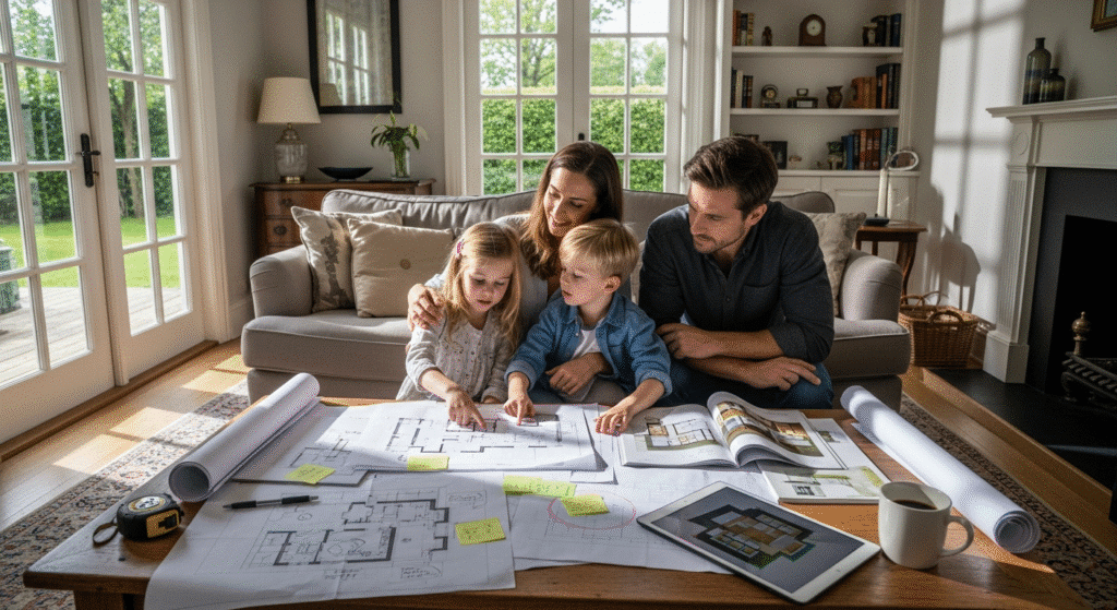 Perfect Plan - Ranch Style Homes USA A family reviewing house plans together at a table, with blueprints and design books spread out.