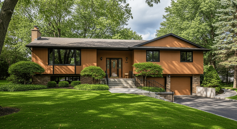 The image depicts a raised ranch home featuring a split-level design, with a main entrance that leads to a half flight of stairs going up to the upper level and another flight leading down to the lower level sunken area. This layout creates two distinct floor levels, providing ample living space for growing families.