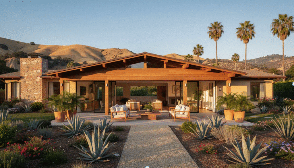 The image depicts a classic California ranch style house, characterized by its single-story layout, wood siding, and large windows that emphasize indoor-outdoor living. Surrounded by lush gardens and featuring deep eaves, this home exemplifies the relaxed lifestyle of Southern California, blending seamlessly with the natural landscape.