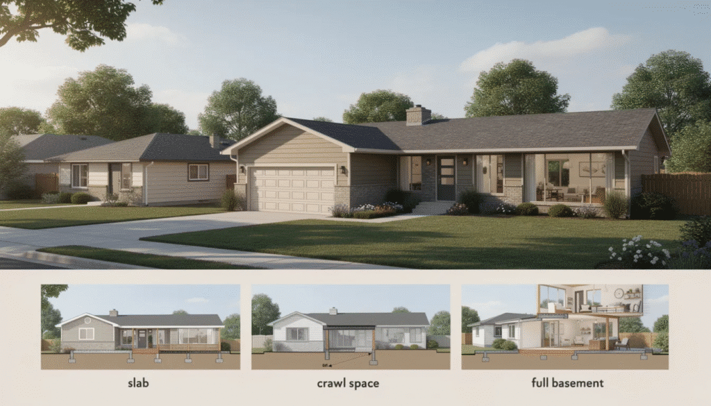 The image showcases a variety of ranch style houses, highlighting their diverse sizes ranging from small homes under 1,000 square feet to expansive designs over 3,000 square feet. Each ranch house features large windows and open floor plans, creating a sense of spaciousness and natural light, appealing to homeowners from young families to retirees.